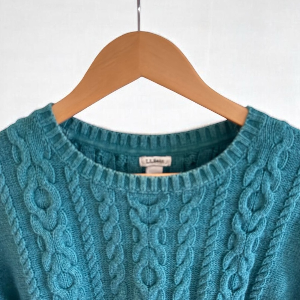 LL Bean Vintage Cable Knit Sweater Teal Cotton XL Fisherman Crewneck 90s - Picture 3 of 10